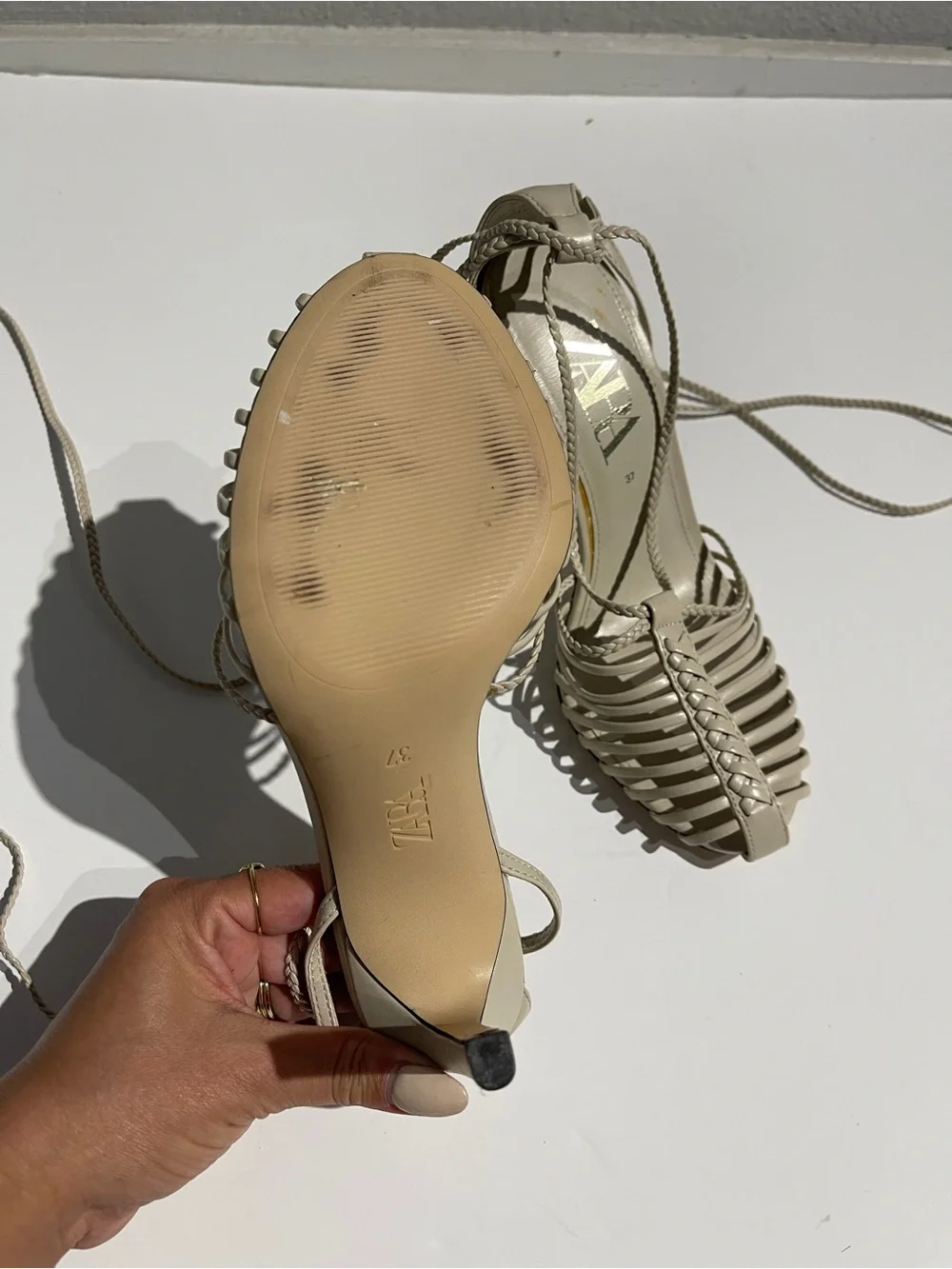 Zara Braided Ivory Strappy Lace-Up Heeled Sandals - Picture 4 of 4